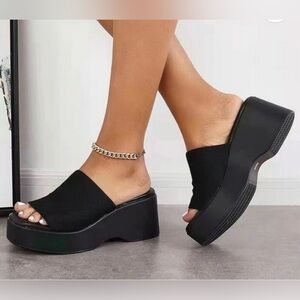 Women's Black Platform Wedge Slide Sandals Comfort Synthetic Slip On Casual